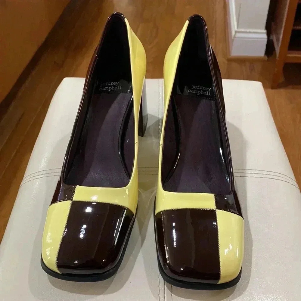 Jeffrey Campbell Brown and Yellow Patent Leather Block Heel Pumps - Picture 3 of 8